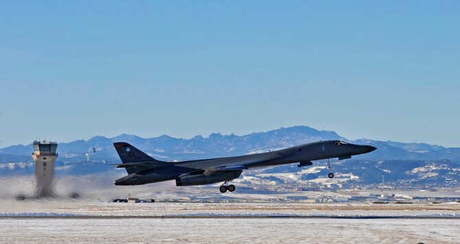 A B-1B Lancer launches from Ellsworth Air Force Base, S.D., Dec. 2, 2015. The B-1B is one of many aircraft participating in the first large force exercise in the newly expanded Powder River Training Complex. (U.S. Air Force photo/Airman 1st Class James L. Miller)