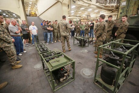 PACIFIC OCEAN (Dec. 9, 2015) U.S. Marines with Combat Logistic Battalion 15, 15th Marine Expeditionary Unit talk to the family members of Marines about their equipment aboard the USS Anchorage (LPD 23). The 15th MEU is coming to the end of deployment and hosting a Tiger Cruise for family members to showcase life aboard the Anchorage. (U.S. Marine Corps photo by Sgt. Steve H. Lopez/Released)