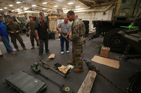 PACIFIC OCEAN (Dec. 9, 2015) U.S. Marine Sgt. Aaron Reed explains the equipment he uses as a combat engineer aboard the USS Anchorage (LPD 23). Reed is a combat engineer with Combat Logistic Battalion 15, 15th Marine Expeditionary Unit. The 15th MEU is coming to the end of deployment and hosting a Tiger Cruise for family members to showcase life aboard the Anchorage. (U.S. Marine Corps photo by Sgt. Steve H. Lopez/Released)