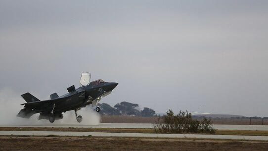 An F-35B Lightning II with Marine Fighter Attack Squadron (VMFA) 121 takes off from Red Beach on Marine Corps Base Camp Pendleton, Calif., Dec. 10. This is the first time that the F-35 conducted close air support missions in support of exercise Steel Knight. (U.S. Marine Corps photo by Sgt. Brian Marion/Released)