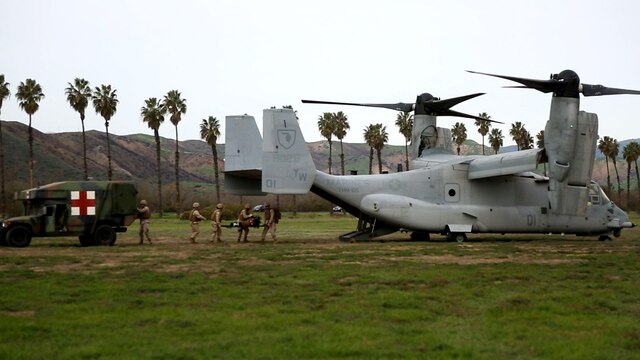 Corpsmen with Alpha Surgical Company, 1st Medical Battalion, 1st Marine Logistics Group, transfer a simulated casualty onto an MV-22 Osprey during an en-route care exercise aboard Camp Pendleton, Calif., Jan. 28, 2015. During the four-day exercise, corpsmen trained to prepare a Special-Purpose Marine Air-Ground Task Force group that is going to forward deploy later this year. The more than 40 corpsmen set up a shock trauma platoon facility, or mobile emergency room, to treat simulated casualties. The casualties were stabilized in the STP and then flown out via aircraft. (U.S. Marine Corps photo by Sgt. Laura Gauna/Released)