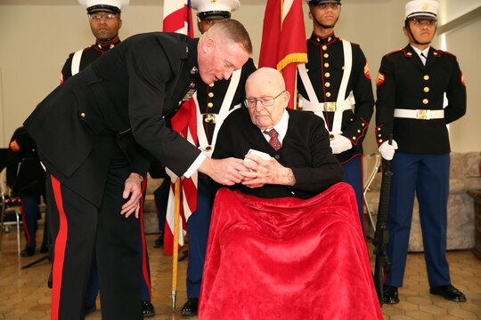 Frank C. Christl of San Clemente was awarded the U.S. Congressional Gold Medal by Brig. Gen. Edward Banta for serving as a Montford Point Marine from 1944-1946 on Jan. 16.
 
Christl is included with the Montford Point Marines because as an officer he was instrumental in forming the 5th Depot Company and leading them to Saipan, the invasion of Okinawa, and repatriation duty in Tientsin, China. 

“He is truly among the many brave and selfless Marines whose efforts helped break the barriers of segregation,” Brig. Gen. Edward Banta said about Christl. “The Congressional Gold Medal signifies the highest expression of national appreciation for distinguished achievement.” 

“Thank you for your courage, your leadership, and your direct contribution to our Corps rich history and legacy. We are proud to have you among the ranks who have worn the cloth of our Corps in service of this great nation. Semper Fidelis,” Banta concluded. 
