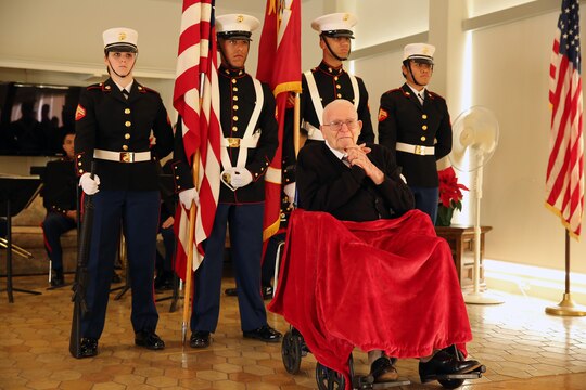 Frank C. Christl of San Clemente was awarded the U.S. Congressional Gold Medal by Brig. Gen. Edward Banta for serving as a Montford Point Marine from 1944-1946 on Jan. 16. 
Christl is included with the Montford Point Marines because as an officer he was instrumental in forming the 5th Depot Company and leading them to Saipan, the invasion of Okinawa, and repatriation duty in Tientsin, China. 
“He is truly among the many brave and selfless Marines whose efforts helped break the barriers of segregation,” Brig. Gen. Edward Banta said about Christl. “The Congressional Gold Medal signifies the highest expression of national appreciation for distinguished achievement.” 
“Thank you for your courage, your leadership, and your direct contribution to our Corps rich history and legacy. We are proud to have you among the ranks who have worn the cloth of our Corps in service of this great nation. Semper Fidelis,” Banta concluded. 
