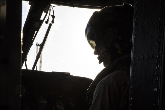 A CH-53E Super Stallion pilot with Marine Heavy Helicopter Squadron (HMH) 466 conducts preflight checks aboard Marine Corps Air Station Miramar, California, July 2. The aircrew prepares the aircraft for night fast-rope training on Marine Corps Base Camp Pendleton, California. (U.S. Marine Corps photo by Sgt. Lillian/Released)
