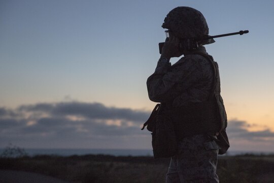 One Marine from Golf Company, Battalion Landing Team 2nd Battalion, 1st Marine Regiment communicates with the air crew of a CH-53E Super Stallion during nighttime fast-rope training on Marine Corps Base Camp Pendleton, California, July 2. The infantry Marines conducted the training with Marine Heavy Helicopter Squadron (HMH) 466. (U.S. Marine Corps photo by Sgt. Lillian Stephens/Released)