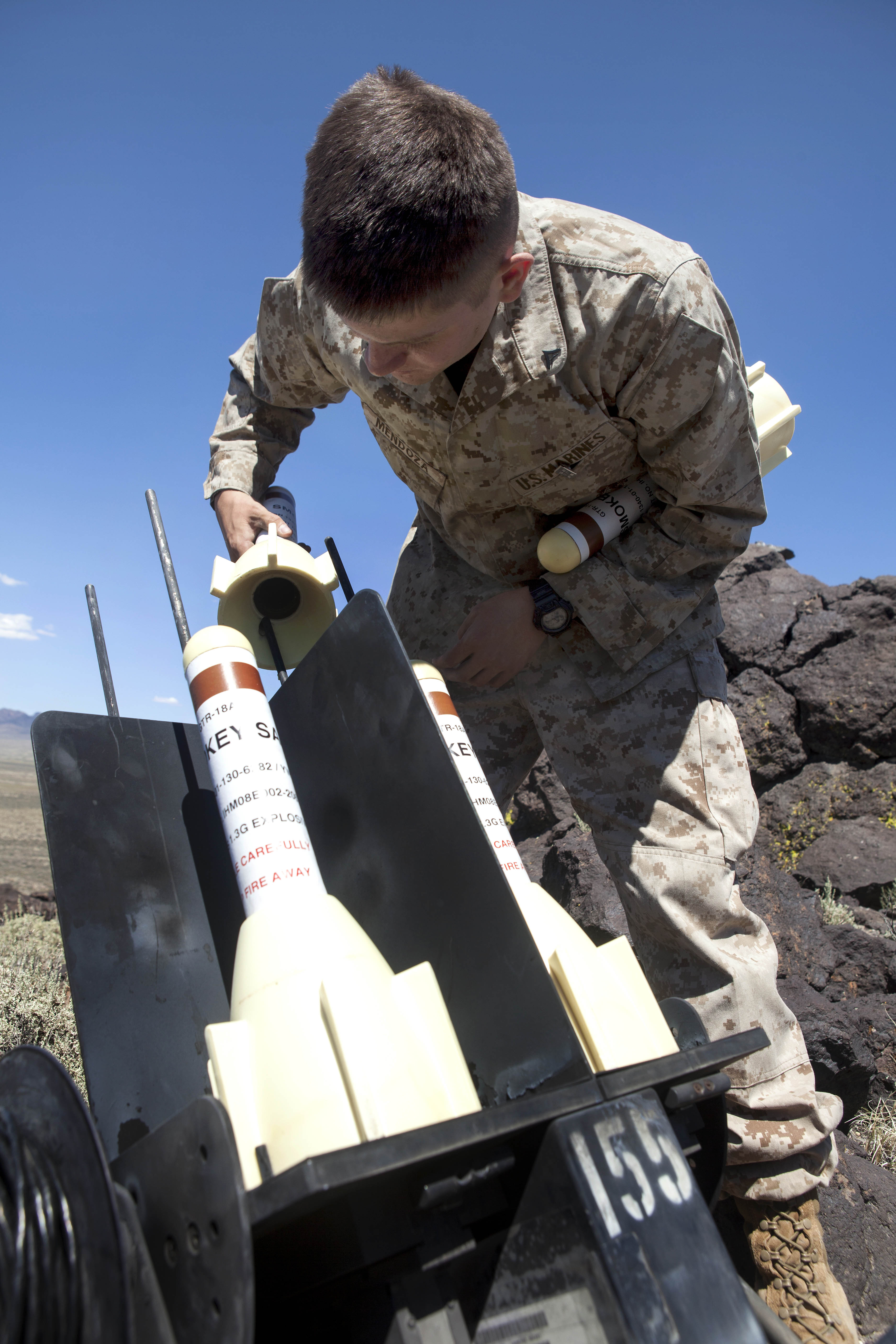 Marine Corps Lance Cpl Patrick W Mendoza Loads Simulated Surface To