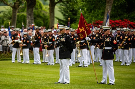 U.S. Marines from the 1st Marine Division and their French counterparts gather at Aisne-Marne American Cemetery to commemorate their fallen heroes in Belleau, France, on May 31, 2015. This Memorial Day ceremony was held in honor of the 97th anniversary of the Battle of Belleau Wood. (U.S. Marine Corps photo by Lance Cpl. Akeel Austin/Released)