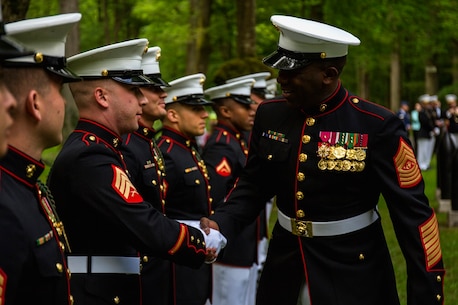 Sergeant Maj. of the Marine Corps Ronald L. Green shakes the hands of Marines with the 5th Marine Regiment prior to a private ceremony at Aisne-Marne American Cemetery in Belleau, France, May 31, 2015. This Memorial Day ceremony is held in honor of the 97th anniversary of the Battle of Belleau Wood. More than 1,800 Marines from the 5th and 6th Regiments lost their lives in the 21-day battle that stopped the last German offensive in 1918. (U.S. Marine Corps photo by Lance Cpl. Akeel Austin/Released)