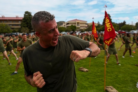 Lieutenant Colonel Hunter Rawlings, the commanding officer of 3rd Battalion, 5th Marine Regiment, conducts exercises during a visit from the creator of the fitness program P90X aboard Camp Pendleton, Calif., June 9, 2015. Horton believes Marines need to focus on nutrition and a wide variety of exercises to be ready for any mission as may be directed.