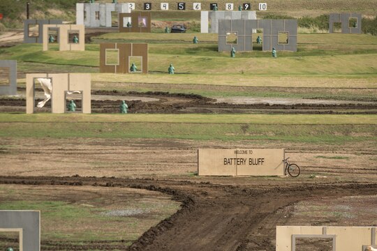 Battery Bluff, the new urban terrain, unknown-distance range aboard Marine Corps Base Hawaii, is officially up and running as of March 5, 2015. Marines with 2nd Battalion, 3rd Marine Regiment and soldiers with 563rd Engineer Company, 84th Engineer Battalion, Schofield Barracks were the first service members to put shots down the newly constructed range. (U.S. Marine Corps photo by Lance Cpl. Brittney Vella/Released)