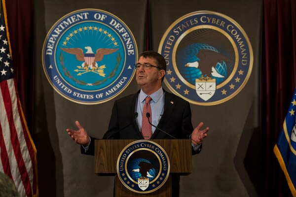 Defense Secretary Ash Carter addresses the workforce at U.S. Cyber Command on Fort Meade, Md., March 13, 2015. Carter, who thanked workers for the service they provide to the country, also toured the facility and met earlier with Navy Adm. Michael S. Rogers, commander of U.S. Cyber Command and director of the National Security Agency and Central Security Service. DoD photo by Petty Officer 2nd Class Sean Hurt