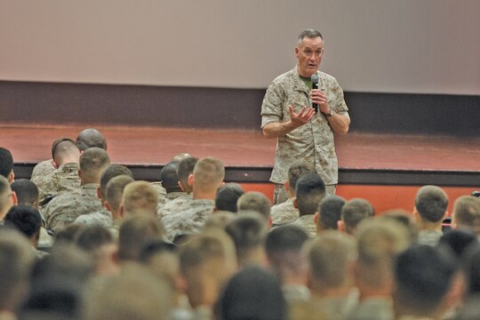 Gen. Joseph F. Dunford Jr., 36th commandant of the Marine Corps, hosts a question and answer session with Marines and sailors stationed aboard Marine Corps Base Hawaii during a visit March 18, 2015. Sgt. Maj. Ronald L. Green, the 18th sergeant major of the Marine Corps, accompanied him. (U.S. Marine Corps photo by Lance Cpl. Brittney Vella/Released)
