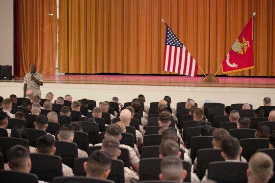 Sergeant Major of the Marine Corps Sgt. Maj. Ronald L. Green speaks to Marines March 26 during a visit to Okinawa. The commandant, Gen. Joseph F. Dunford, and the sergeant major traveled to the Marine bases on Okinawa from March 24-26 to talk with Marines about their expectations for the Marines and the Corps. “My priorities are to make sure we have the warfighting capabilities we need, to address the maturity of our leaders and to make sure they have the training, education and the experience that they need to be successful on the battlefield,” said Dunford.