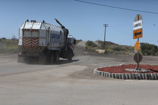 A garbage truck brings trash to the landfill at the Miramar Landfill, May 11. Marine Corps Air Station Miramar is set to be using renewable energy powered from the landfill’s methane gas-powered engines June 14. 