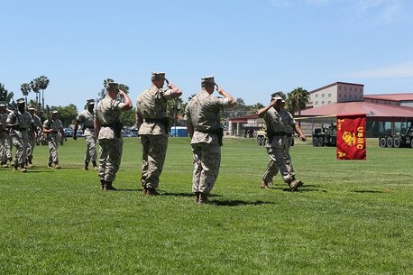 Alpha Company First Sergeant, First Sergeant Enrique Alaniz, presents Alpha Company to the Commanding Officer and Battalion Sergeant’s Major in the pass and review.