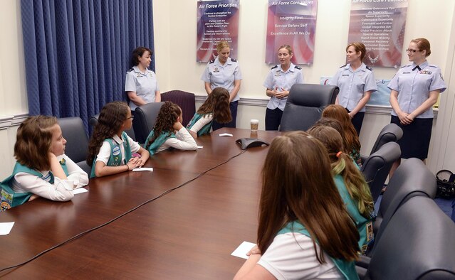 A panel of Airmen from Headquarters Air Force, consisting of Lt. Col. Heather Marshall, Col. Jennifer Short,  Lt. Col. Kim Campbell, Lt. Col. Gina Sabric and Staff Sgt. Sara Brice,  answer questions from Girl Scout Troop 4507 at the Pentagon in Washington, D.C., May 21, 2015. During the visit, the Airmen discussed stereotypes in the Air Force and how they were able to overcome them in order to achieve success. (Air Force photo/Andy Morataya)