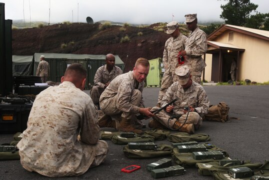 Marines with Headquarters and Service Company, 3rd Battalion, 3rd Marine Regiment, test radios and communications during training exercise Lava Viper, one of the staples of their pre-deployment training, aboard Pohakuloa Training Area, Hawaii, Oct. 22, 2015. Lava Viper provides the Hawaii-based Marines with an opportunity to conduct various movements, live-fire and tactical training before departing for Integrated Training Exercise aboard Marine Air-Ground Combat Center Twentynine Palms, Calif., where the battalion will train and be evaluated as a whole. "Trinity" strives to fight and win on both the tactical and ethical battlefield, always cultivating the values of honor, courage, and commitment, ultimately producing morally guided citizens whose obligations and responsibilities supersede rights and privileges. (U.S. Marine Corps photo by Lance Cpl. Harley Thomas)