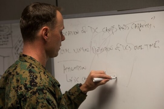 Maj. Ryan Shea, a future operations officer with 2nd Marine Logistics Group, writes strategic planning methods on a whiteboard during the 2nd MLG Staff Exercise at Camp Lejeune, N.C., Nov. 4, 2015. The exercise, a command control scenario, was conducted with efforts to refine the group's planning and execution process that would act as a standard for subordinate commands.