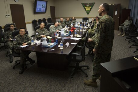U.S. Marine Corps Col. Peter Lee informs representatives of the United Nations Command Nov. 5 on capabilities and operations Marine Corps Air Station Futenma, Okinawa, Japan. The briefing contained information about flight line capabilities and future relocation plans. The representatives were then escorted on a windshield tour of the base. Lee, a New Rochelle, N.Y., native is the commanding officer of MCAS Futenma.