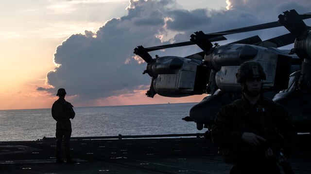 Marines and sailors with the 15th Marine Expeditionary Unit provide security during a mass casualty drill on the flight deck of the USS Essex (LHD 2).The Marines and Sailors honed their skills to become quicker and more efficient should a situation arise where medical attention is needed. The 15th MEU is currently deployed in the Indo-Asia-Pacific region to promote regional stability and security in the U.S. 7th Fleet area of operations.