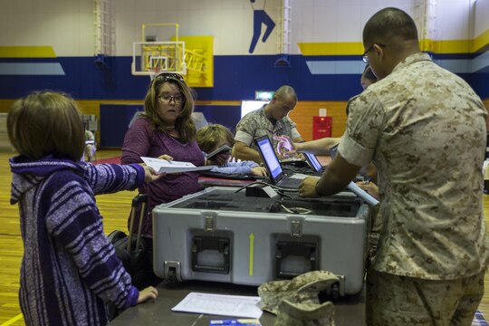 Installation Personnel Administration Center Marines practice putting families through a screening process during a noncombatant evacuation operation (NEO) exercise inside the IronWorks Gymnasium at Marine Corps Air Station Iwakuni, Japan, Sept. 30, 2015. This operation is used to evacuate personnel, to include noncombatants, nonessential military personnel, selected host-nation citizens, and third country nationals, from locations in a host foreign nation to a safe location. Practicing these processes makes for a smooth transition in the case of a real NEO scenario.