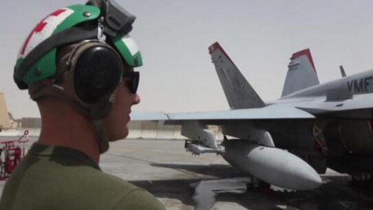 U.S. Marines with Marine Fighter Attack Squadron 232, Special Purpose Marine Air-Ground Task Force—Crisis Response—Central Command, conduct post-inspection maintenance checks on a F/A-18 in Southwest Asia, June 2015. The pilots of VMFA-232 fly a combination of kinetic strike missions, close air support and reconnaissance sorties supporting U.S. Central Command and its area of operations.
