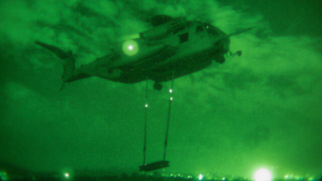 A CH-53E Super Stallion helicopter from Marine Medium Tiltrotor Squadron 166 (Reinforced,) 3rd Marine Aircraft Wing, lifts a 6,200 pound steel girder during external lift training aboard Marine Corps Air Station Miramar, Calif., Oct. 14. The squadron conducted the training to maintain proficiency in transporting external cargo. 