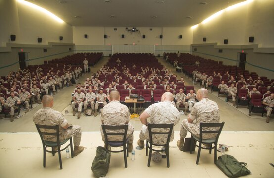 Two hundred newly promoted or selected-to-be Marine staff sergeants participate in an open discussion with (from left to right) Sergeants Maj. Vincent Santiago, Mario Marquez, Michael Hendges and Robert Williamson at the end of III Marine Expeditionary Force's Staff Sergeant Indoctrination Course at Camp Schwab, Okinawa, Oct. 28, 2015. The course provided the attendees a place to learn from centuries of cumulative experience of the senior enlisted leaders within III MEF. Santiago is the sergeant major for 3rd Marine Division. Marquez is the sergeant major for 1st Marine Aircraft Wing. Hendges is the sergeant major for 3rd Marine Logistics Group.  Williamson is the sergeant major for Marine Corps Installations Pacific.