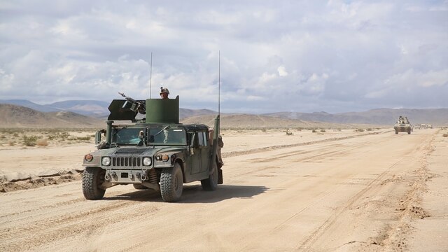 Marines with Alpha Battery, 3rd Low Altitude Air Defense Battalion, drive in a convoy during the National Training Center Rotation 16-01 on Fort Irwin, Calif., Oct. 17. This was the first time in more than 10 years that a Marine LAAD unit participated in this exercise.