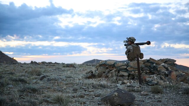 Cpl. Joseph Giordano, a team leader with Alpha Battery, 3rd Low Altitude Air Defense Battalion, holds a FIM-92 stinger weapons system during the National Training Center Rotation 16-01 on Fort Irwin, Calif., Oct. 20. This was the first time in more than 10 years that a Marine LAAD unit participated in this exercise.