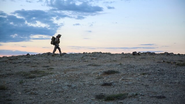 Cpl. Joseph Giordano, a team leader with Alpha Battery, 3rd Low Altitude Air Defense Battalion, carries a FIM-92 stinger weapons system during the National Training Center Rotation 16-01 on Fort Irwin, Calif., Oct. 20. This was the first time in more than 10 years that a Marine LAAD unit participated in this exercise.