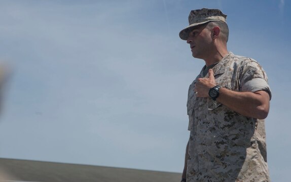 Lt. Col. Justin J. Ansel, the commanding officer for 1st Battalion, 8th Marine Regiment, speaks to his Marines about the importance of leadership during a ceremony to honor Ret. Gunnery Sergeant. Glen Silva, Aug. 28, 2015. Silva, formerly an infantry platoon sergeant, will have an award named after him awarded to staff-noncommissioned officers who are models of courage and performance within their field of expertise called the “GySgt. Glen Silva Staff NCO Award of Excellence.”
