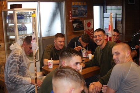 AAV Company Marines Lance Cpl. Kellen Woods, Cpl. Dylan Lund, Lance Cpl. Dylan Bullimore, 1st Lt. Peter Morawek, Lance Cpl. Brian Rudy, and Cpl. Daniel Morton rest at Station 9 on Sept. 1 during their trek to the summit on Mount Fuji, Japan. AAV Company Marines are part of Task Force Iron Fist 4 out of Camp Fuji, Japan. 