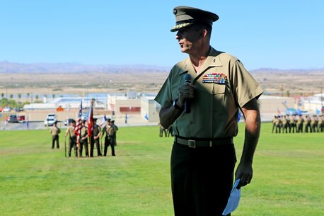 Major General Daniel J. O’Donohue, commanding general of 1st Marine Division, addresses the crowd during the 3rd Battalion, 4th Marines, 7th Marine Regiment, 1st Marine Division reactivation ceremony aboard Marine Air Ground Combat Center Twentynine Palms, Calif., Sept. 17, 2015. The Marine Corps’ reactivation of the “Thundering Third” officially starts Oct. 1, 2015, which marks exactly 90 years of dedicated service within the Corps.