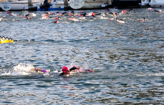 OCEANSIDE, Calif. – Nearly 3,000 athletes from 28 countries ran, swam and cycled their way through Oceanside and Camp Pendleton during the 17th annual Ironman 70.3 Oceanside triathlon, April 2. The triathlon is a test of muscular and cardiovascular endurance that requires competitors to swim 1.2 miles in Oceanside Harbor, bike for 56 miles along the coastline of San Clemente before going through Camp Pendleton, and run 13.1 miles back through Oceanside.
