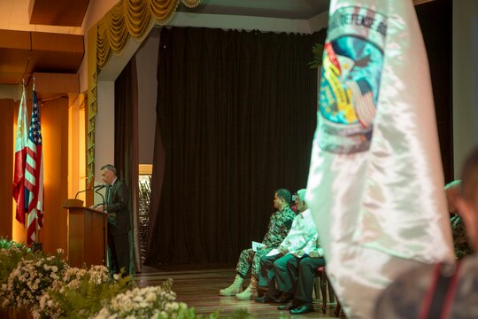 Philip S. Goldberg, U.S. Ambassdor to the Philippines gives opening remarks at the opening ceremony of Balikatan 2016, aboard Camp Aguinaldo, April 4, 2016. Balikatan, which means "shoulder to shoulder" in Filipino, is an annual bilateral training exercise focused on improving the ability of Philippine and U.S. military forces to work together during planning, contingency and humanitarian assistance and disaster relief operations. This year marks the 32nd iteration of the exercise. (U.S. Marine Corps photo by Sgt. Erik Estrada)
