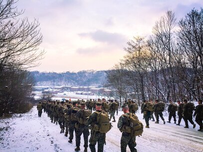 Marines from Headquarters and Service Company conduct a conditioning hike to acclimatize to the new environment Jan. 18, during their recent deployment to Rodriguez Life Fire Complex in the Republic of Korea. The Marines are from Combat Assault Battalion, 3rd Marine Division, III Marine Expeditionary Force, forward deployed in the Pacific. 