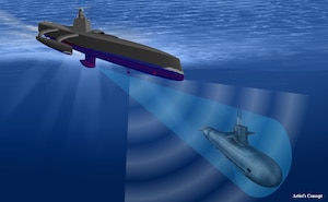 Artist’s concept of a new class of ocean-going vessel designed, developed and built through DARPA’s anti-submarine warfare continuous trail unmanned vessel, or ACTUV, program. The 132-foot ship is able to travel thousands of miles over open seas for months at a time with no crew members aboard. According to DARPA, ACTUV embodies breakthroughs in autonomous navigation and operation with the potential to revolutionize U.S. maritime operations. DARPA image