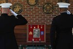 Marine Raiders assigned to Marine Special Operations Company B, 1st Marine Raider Battalion and U.S. Marine Corps Forces, Special Operations Command headquarters salute the remains of Marine Corps Sgt. John Holladay, a fallen World War II Marine Raider during a ceremony in Florence, S.C., April 4, 2016. During World War II, Holladay was assigned to Company B, 1st Marine Raider Battalion, 1st Marine Raider Regiment and fought in U.S. Marine Corps battles against Japanese positions along the Pacific front, where he was killed in 1943. Marine Corps photo by Sgt. Donovan Lee