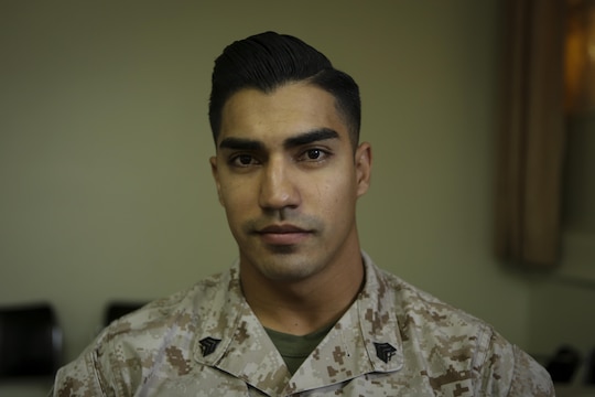Sergeant Edwin Lopez, a rifleman with 1st Battalion, 1st Marine Regiment, 1st Marine Division, poses for a portrait aboard Marine Corps Base Camp Pendleton, Calif., April 7, 2016. Lopez said the Marine Corps provided the 25-year-old, San Marcos native to become a successful leader within the infantry community, deploying four separate times to places such as Okinawa and Afghanistan.