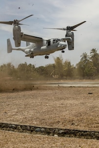 An MV-22 Osprey, tilt rotor aircraft, lands to insert the Joint Rapid Reaction Force (JRRF) at the Antique Air Field in order to seize a scenario-based objective as part of Exercise Balikatan 2016, in Antique, Philippines, April 11, 2016. The JRRF, compiled of U.S. and Philippine forces, have worked together during the exercise to test their capabilities, maintain a high level of interoperability and to enhance combined combat readiness. Balikatan, which means "shoulder to shoulder" in Filipino, is an annual bilateral training exercise aimed at improving the ability of Philippine and U.S. military forces to work together during planning, contingency and humanitarian assistance and disaster relief operations.
