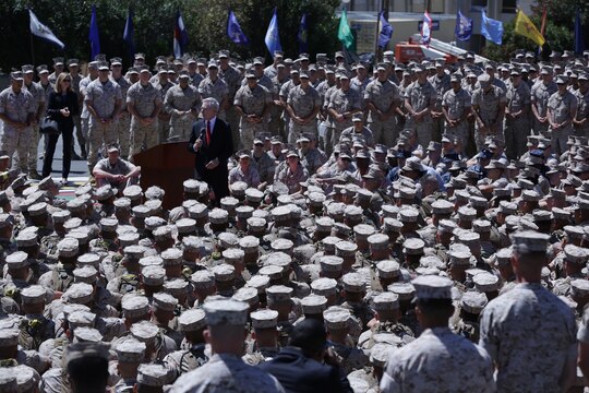 Secretary of the Navy, the Honorable Ray Mabus, speaks with a mix of entry-level Marine students from the School of Infantry-West and mid-career enlisted leaders studying at the Staff Noncommissioned Officers Academy aboard Marine Corps Base Camp Pendleton, Calif., about opening all occupational specialties to qualified Marines of either gender April 12, 2016.