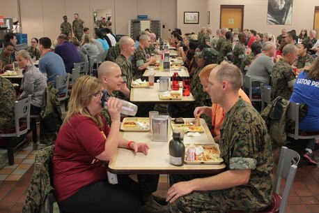 Recruits receive the rare opportunity to enlighten teachers on what bootcamp is like and why they choose to endure three months of training April 13, 2016 at the Weapons and Field Training Battalion Messhall aboard Marine Corps Recruit Depot Parris Island, S.C. The educators are teachers, coaches, and counselors who are attending a three-day workshop to learn more about the opportunities and benefits joining the Marine Corps can offer for their students who are still in school. (Official Marine Corps photo by Cpl. Diamond N. Peden/Released)