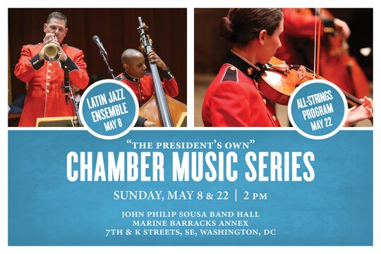 LATIN JAZZ ENSEMBLE: Sunday, May 8 at 2 p.m. (EST), Sousa Band Hall, Washington, D.C. Coordinated by pianist Gunnery Sgt. AnnaMaria Mottola, this Latin jazz infused concert will feature music by such artists as Chick Corea, Paquito D’Rivera, Tito Puente, Oscar Hernandez, Consuelo Velazquez, Heraclio Fernandez, Wayne Wallace, Michel Camilo, Airto Moreira, and Nova & Jory.

STRING ENSEMBLES: Sunday, May 22, at 2 p.m. (EST), Sousa Band Hall, Washington, D.C. Coordinated by violist Gunnery Sgt. Tam Tran, the all-strings program will feature multiple ensembles, from solo violin to string quintet and sextet. Selections include Arvo Pärt’s Fratres, Arnold Schoenberg’s Verklärte Nacht, Opus 4, Niccolò Paganini’s Caprice No. 1 in E, Opus 1, and Robert Schumann’s Quintet in E-flat for Piano and Strings, Opus 44.

Both concerts are free and no tickets are required. Free parking is available. Both concerts will stream live on the Marine Band website.
