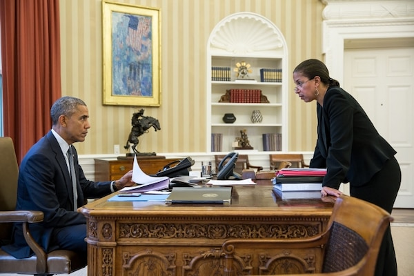 President Barack Obama talks with National Security Advisor Susan E. Rice in the Oval Office prior to a phone call with Russian President Vladimir Putin, Feb. 10, 2015. White House photo by Pete Souza
