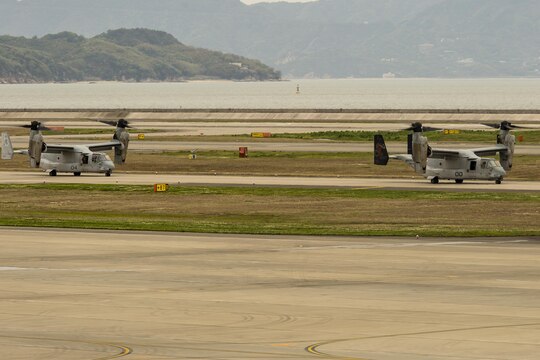 Two MV-22B Ospreys from Marine Medium Tiltrotor Squadron (VMM) 265 (Reinforced) attached to the 31st Marine Expeditionary Unit taxi down the runway at Marine Corps Air Station Iwakuni, Japan, in support of the Government of Japan’s relief efforts following the devastating earthquake near Kumamoto April 18, 2016. The long-standing relationship between Japan and the U.S. allows U.S. military forces in Japan to provide rapid, integrated support to the Japan Self-Defense Forces and civil relief efforts. (U.S. Marine Corps photo by Lance Cpl. Aaron Henson/Released)