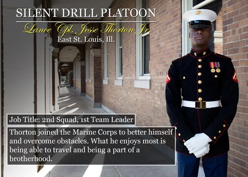 Lance Cpl. Jesse Thorton Jr.
Morris, Ill.
Job Title: Team Leader, #1 Double
Fortner joined the Marine Corps to serve his country, to challenge himself and become a better person. What he enjoys most is being able to travel, representing the Marine Corps, and being a part of the brotherhood.

(Official Marine Corps graphic by Cpl. Chi Nguyen/Released)