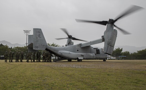 MV-22 Osprey squadron, Marine Medium Tiltrotor Squadron (VMM) 265 (Reinforced) attached to the 31st Marine Expeditionary Unit, arrived at Marine Corps Air Station Iwakuni, Japan, April 17-18, 2016, in support of the Government of Japan's relief efforts following the devastating earthquakes near Kumamoto. The long-standing alliance between Japan and the U.S allows U.S military forces in Japan to provide rapid, integrated support top the Japanese Self-Defense Forces and civil relief efforts. (U.S. Marine Corps photo by Cpl. Nicole Zurbrugg/Released)