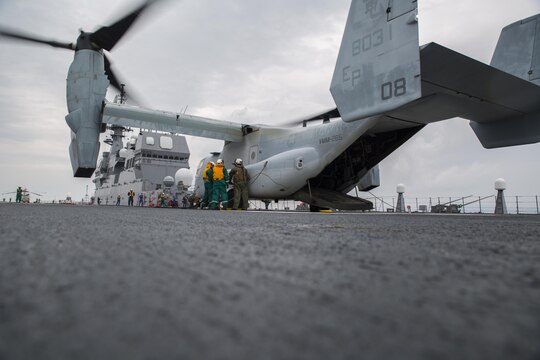 MV-22 Osprey squadron, Marine Medium Tiltrotor Squadron (VMM) 265 (Reinforced) attached to the 31st Marine Expeditionary Unit, arrived at Marine Corps Air Station Iwakuni, Japan, April 17-18, 2016, in support of the Government of Japan's relief efforts following the devastating earthquakes near Kumamoto. The long-standing alliance between Japan and the U.S allows U.S military forces in Japan to provide rapid, integrated support top the Japanese Self-Defense Forces and civil relief efforts. (U.S. Marine Corps photo by Cpl. Nicole Zurbrugg/Released)