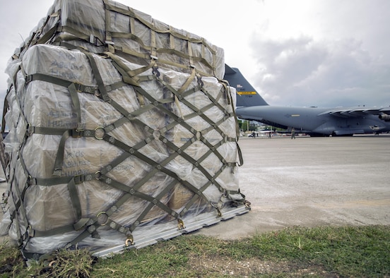 C-17 Globemaster IIIs were filled with 32 combined pallets as they delivered more than 170,000 pounds of humanitarian aid to Haiti. Since 1998, the Denton Program has overseen more than 5 million pounds of humanitarian supplies sent to more than 50 countries across the globe. (U.S. Air Force photo/Senior Airman Tom Brading)
